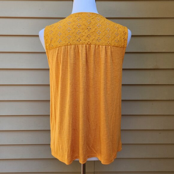 Knox Rose Mustard Yellow Mixed Media Blouse Eyelet Ribbed Tie-Neck Tassel - Picture 9 of 13